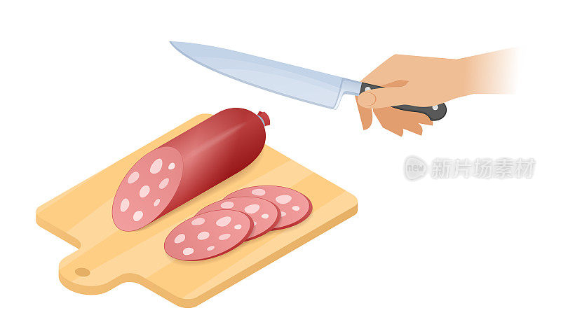 Flat isometric illustration of cutting board, stick of sausage, knife.
